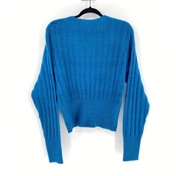Teal Blue Cable Knit Wrap V Neck Sweater Size M Soft Balletcore Coquette Cottage - Picture 6 of 10
